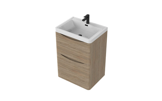 Aragon 600mm Handless Floor Cabinet with Basin. 2 Drawer Soft Close - Driftwood Oak