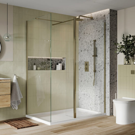 8mm Single Wetroom Glass Panel with Support Arm. 1000mm - Brushed Brass