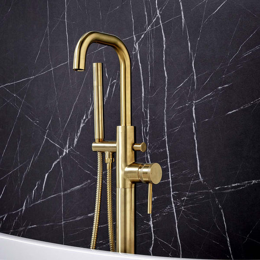 Vares-A Knurled Diamond Cut Free Standing Bathroom Bath Shower Mixer Taps - Brushed Brass