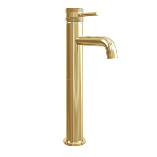 Vares-A Knurled Diamond Cut Bathroom Countertop Tall Mono Mixer Taps - Brushed Brass