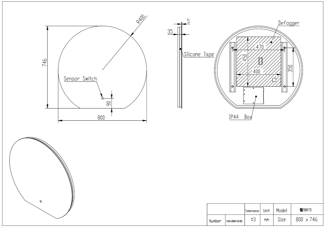 Vares-A 80cm Semi-Circular LED Mirror - 800 x 760mm
