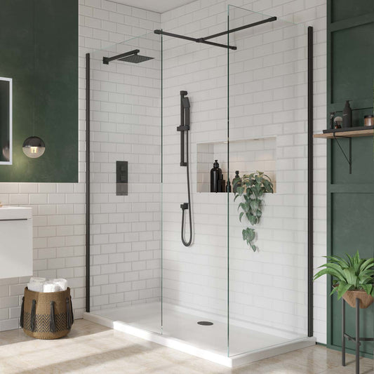 8mm Single Wetroom Glass Panel with Support Arm. 1000mm - Black