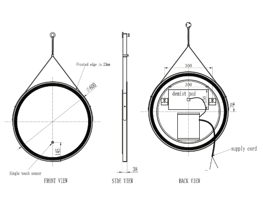Vares-A Round Strap LED Ambient Colour Change Mirror - Black