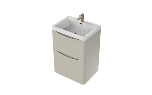 Aragon 600mm Handless Floor Cabinet with Basin. 2 Drawer Soft Close - Mushroom Gloss