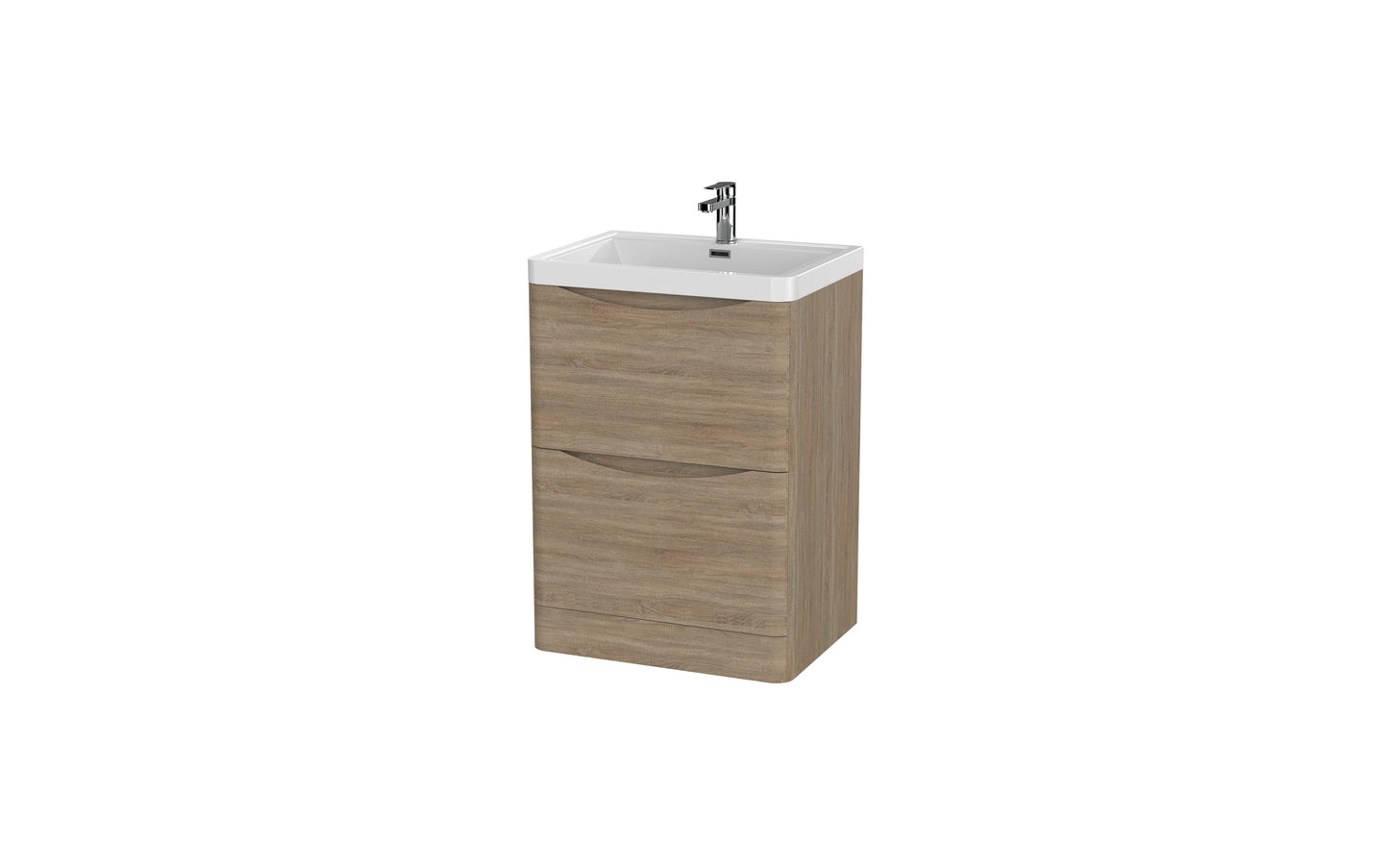 Aragon 600mm Handless Floor Cabinet with Basin. 2 Drawer Soft Close - Driftwood Oak